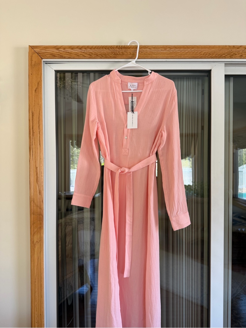 NWT Bird & Knoll Shell Pink Long Sleeve Belted Frieda Cotton Gauze Dress - Picture 2 of 6
